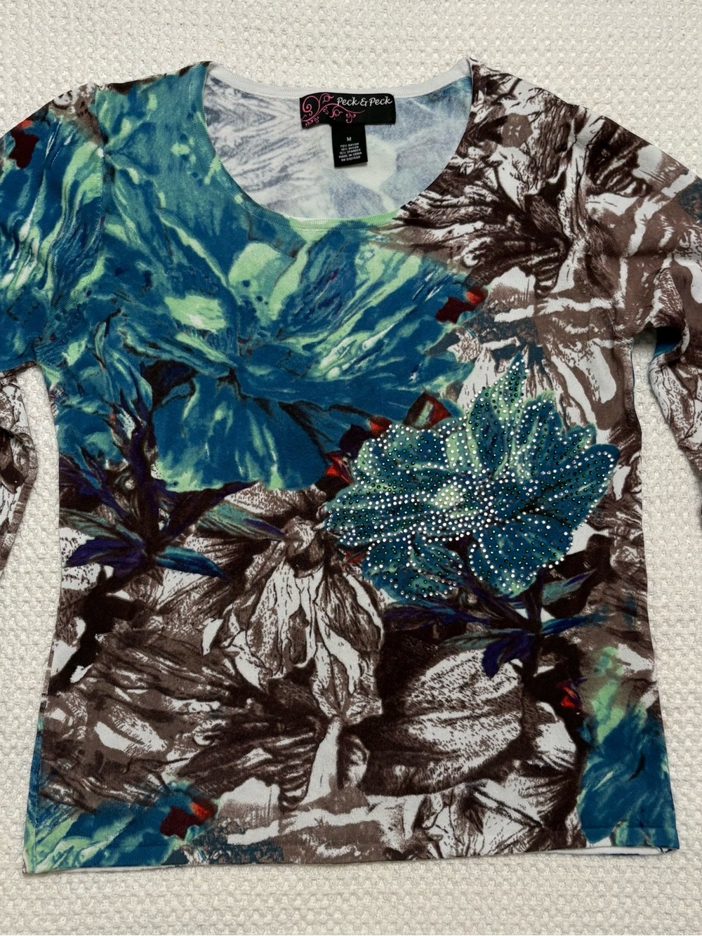 Peck & Peck: Teal, Brown, and Green Floral Long Sleeve Top with Rhinestones Med